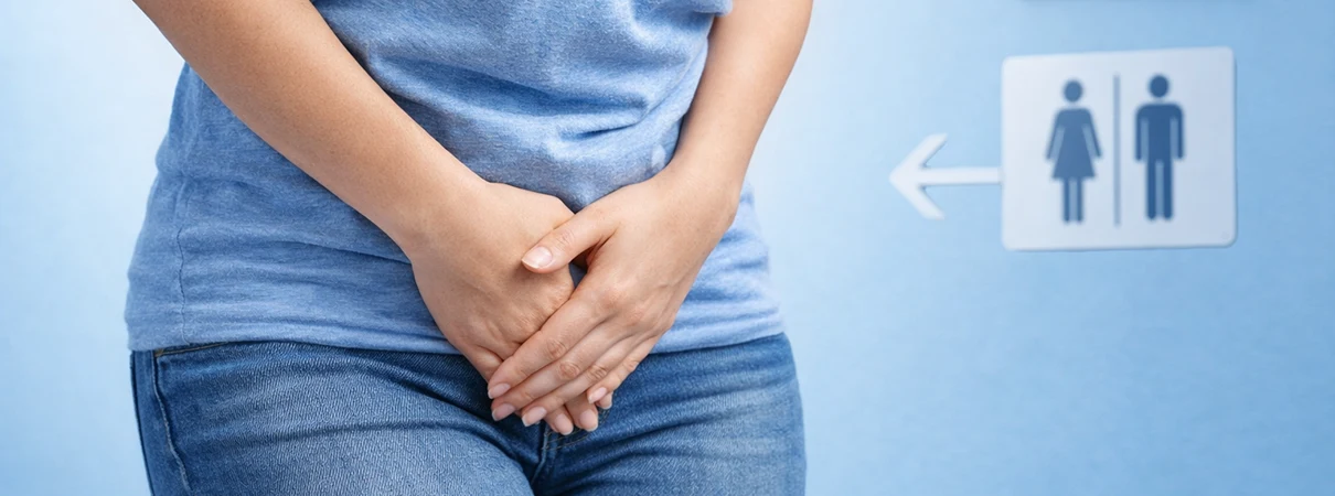 CUROS urologisches Zentrum - Reizblase Dieses Symbolbild für die Landingpage "Reizblase" des CUROS urologischen Zentrums in Köln und Bonn zeigt den Unterleib einer Frau, die sich beide Hände vor die Blase presst und eilig eine Toilette aufsucht.